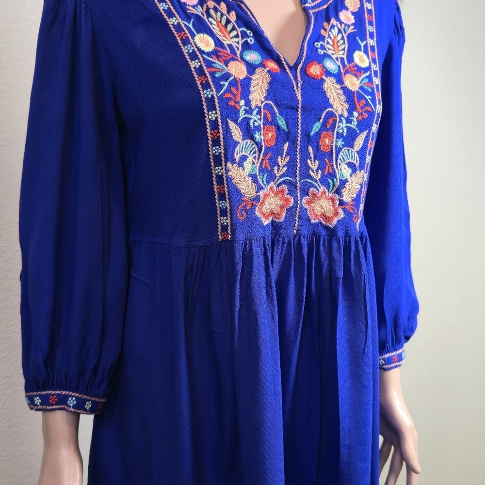 Solitaire Royal Blue Embroidered Bohemian Peasant Dress With Pockets Size Large - Picture 11 of 13